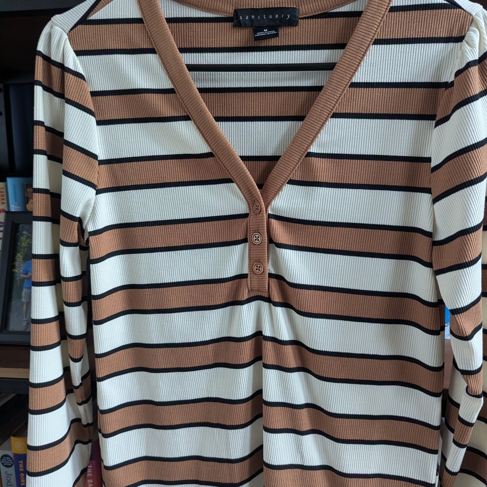 Sanctuary Brown and White Striped V-Neck Long Sleeve Top